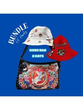 Ed Hardy Bundle: 2 Skull Rose Hats & Dead Or Alive Hobo Bag All NWT